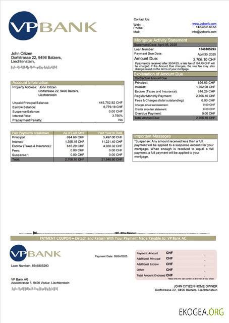 Liechtenstein VP Bank AG Relevé hypothécaire Modèle Word et PDF